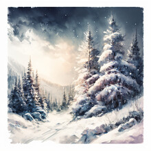 Winter Landscape With Mountains, Trees And Snow As A Watercolor Painting. Sun Shining Through Cloudy Sky.  Made With Generative AI.