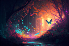 Ai Generated. Magic Nature Glowing In The Dark. Mysterious Enchanted Forest Concept At Night. Colorful Butterflies Fly Over The Sparkling River Water.