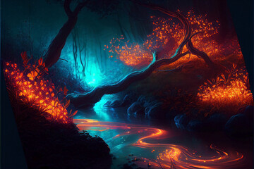 Ai generated. Magic nature glowing in the dark. Mysterious enchanted forest concept at night. Low current running down the river surrounded by neon colored bioluminescent plants and millions of glowin