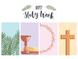 Holy Week banner with palm branches, the last supper, crown of thorns and the cross
