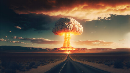 Nuclear explosion radioactive in nature landscape apocalyptic background, generative ai