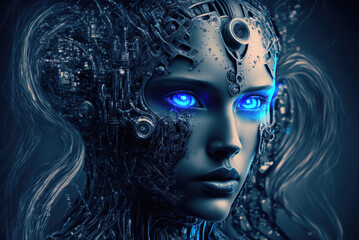 Poster - AI robot, portrait of fictional beautiful girl with artificial intelligence, generative AI