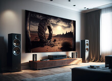 Big TV Wall Screen In Modern Living Room, Television Set In Luxury Interior, Generative AI