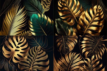  Luxury gold tropical leaves background - generative ai