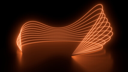 Fototapete - Sci Fy neon glowing wave lines in a dark hall. Reflections on the floor. Empty background in the center. 3d rendering image. Abstract glowing lines. Techology futuristic background.