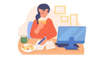 Poster - freelancer eating food at workplace video concept. moving girl entrepreneur works on computer, makes