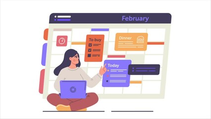 Poster - Online calendar video concept. Young moving girl student sits in lotus position and makes schedule or list of tasks. Productivity, efficiency and time management. Flat graphic animated cartoon