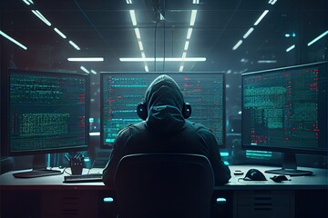 A professional hacker in a hood is working on hacking servers and websites. A hacker works in a multi-monitor environment while hacking into a server. Generative AI