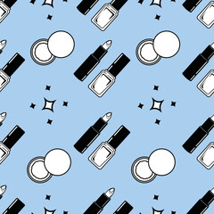 Beauty Products Seamless pattern of different lip make-up tools. Vector illustration of lipsticks, pudra, nail polish, lip gloss and other. Glamour fashion vogue style. Pastel Blue Color Background.