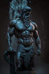 Poseidon Greek god statue in rain