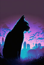 A Silhouette Of A Cat With A Purple And Blue Urban Night Background. Generative AI Illustration
