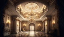 A Realistic Fantasy Interior Of The Palace. Golden Palace. Castle Interior. Fiction Backdrop. Concept Art.	