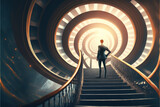Fototapeta Perspektywa 3d - A businessman is running up a stairway, determined to reach his target. the challenge and trouble along the path, he is determined to overcome all obstacles in order to achieve success generative ai