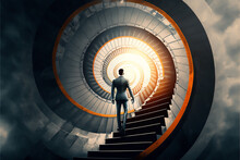A Businessman Is Running Up A Stairway, Determined To Reach His Target. The Challenge And Trouble Along The Path, He Is Determined To Overcome All Obstacles In Order To Achieve Success Generative Ai