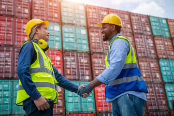 Poster - Export and import business,Engineer with foreman  handshake at container terminal,Teamwork and determination to succeed import and export logistics Container