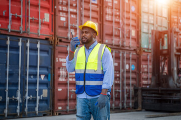 Poster - Engineer using walkie talkie checking stock into container for loading,International shipping logistics.