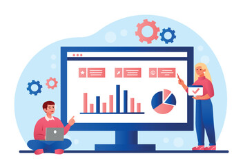 Poster - analysts at workplace. man and woman evaluate graphs and diagrams. financial integrity and passive i