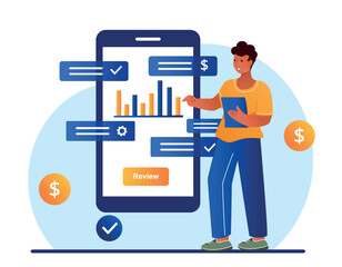 Poster - business analysis concept. work with statistics and information. modern technologies and digital wor
