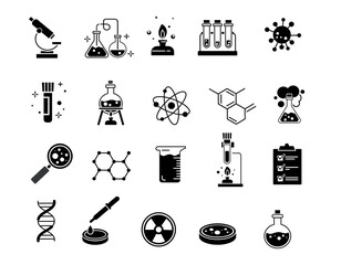 Chemistry icons black set. Collection of graphic elements for website. Scientific experiments in laboratory, flask with substance. Cartoon flat vector illustrations isolated on white background