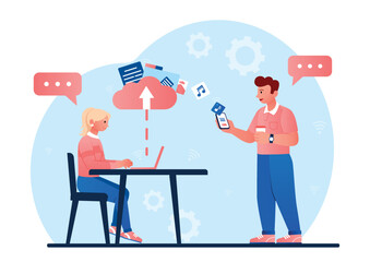 Poster - files sharing concept. man and woman near laptop and smartphone exchange information, cloud service 