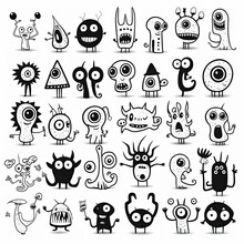 Set Of Black And White Doodle Creatures And Monsters Illustration Sprite Flash Sheet Style, Generative AI