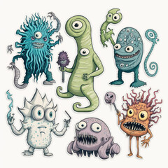 Wall Mural - set of creepy colorful cartoon creatures and monsters illustration sprite flash sheet style, Generative AI