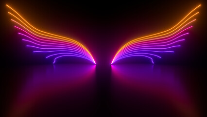 Poster - Sci Fy neon glowing wave lines in a dark hall. Reflections on the floor. Empty background in the center. 3d rendering image. Abstract glowing lines. Techology futuristic background.