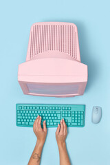PC with keyboard and hands of working woman.