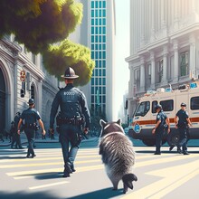 Raccoons In A Police Uniform Walking In The Streets Of San Francisco Policemen In The Morning 8k Realistic Photography Panorama View Highly Detailed Cinematic Kodak Color Film Bright Color 