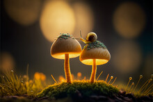 Little Snail On The Mushroom With Warm Tone