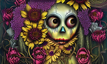 Generative AI : Scarecrow Series - Dark Illustration Of Lady Goth Scarecrow With Flowers