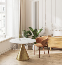 Marble Dining Table With Chair Near Window On Parquet, Room Interior