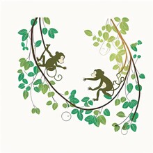 Two Monkeys Swinging From Vines Illustration