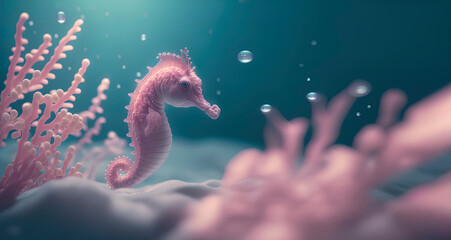 Wall Mural - Pink SeaHorse in the Ocean, photography of a little seahorse in the water, Generative AI