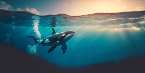 Wall Mural - Killer whale in the ocean, photography of a killer whale in the sea. Generative AI