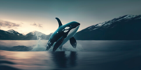 Wall Mural - Killer whale in the ocean, photography of a killer whale in the sea. Generative AI