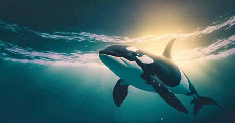 Wall Mural - Killer whale in the ocean, photography of a killer whale in the sea. Generative AI