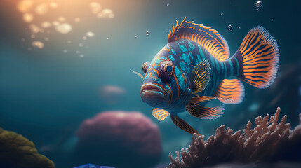 Wall Mural - colorful Mandarin fish in the ocean, photography of a mandarin fish in the sea. Generative AI