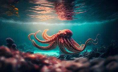 Wall Mural - photography of a octopus in the sea. Generative AI