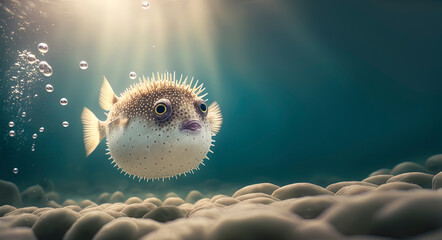 Wall Mural - Pufferfish in the ocean, photography of a pufferfish in the sea. Generative AI