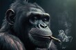 Realistic portrait of a bonobo with serene attitude smoking a mini cigar. Created with Generative AI technology.