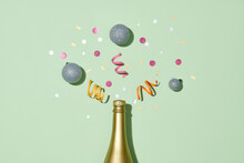 Champagne With Mini Disco Balls And Silver Shiny Confetti And Sparkles