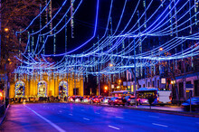 Blue Lights Of Christmas Decorations In Madrid At Night