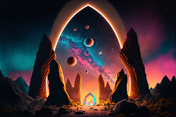 Wall Mural - Surreal Psychedelic Trippy Desert Mountain Galaxy Landscape with Neon Celestial Shapes, Stone Archway Generative AI