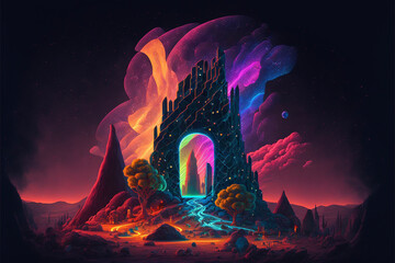 Wall Mural - Surreal Psychedelic Trippy Desert Mountain Galaxy Landscape with Neon Celestial Shapes, Stone Archway Generative AI