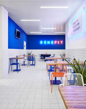 Modern Cafe With Neon, Chairs And Tables