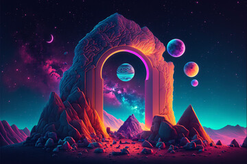 Wall Mural - Surreal Psychedelic Trippy Desert Mountain Galaxy Landscape with Neon Celestial Shapes, Stone Archway Generative AI
