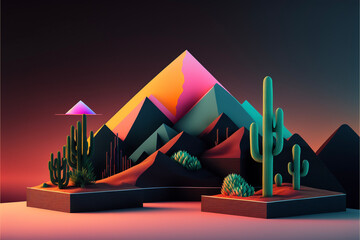 Wall Mural - 3d Render Desert Landscape with Pink and Yellow Generative AI
