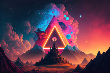 Wall Mural - Surreal Psychedelic Trippy Desert Mountain Galaxy Landscape with Neon Celestial Shapes, Central Pyramid Triangle Generative AI