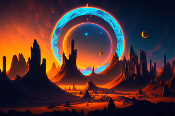Wall Mural - Surreal Psychedelic Trippy Desert Mountain Galaxy Landscape with Neon Celestial Shapes, Large Central Halo Circle Generative AI